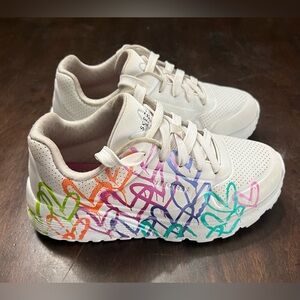 Skechers White Sneakers with Colorful Heart Design